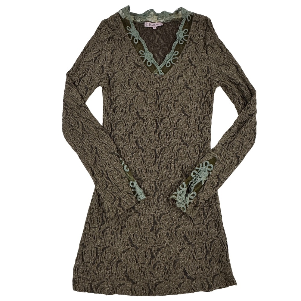 Y2K Young Essence Brown Textured Crinkle Top Lace Trim V-Neck XL Festival Fairy